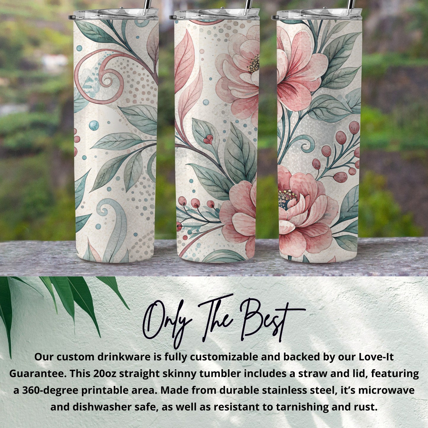 Floral Watercolor Elegant Design Flowers Roses 20 oz Skinny Tumbler - Walk Greener