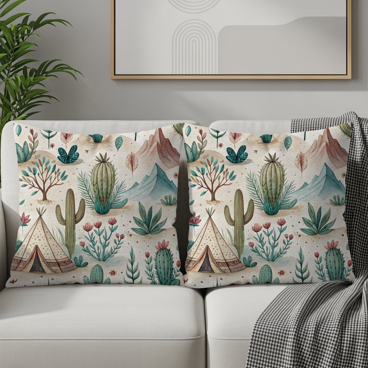 Watercolor Desert Scene Cactus and Tent Pattern Pillows & Pillow Cases - Walk Greener
