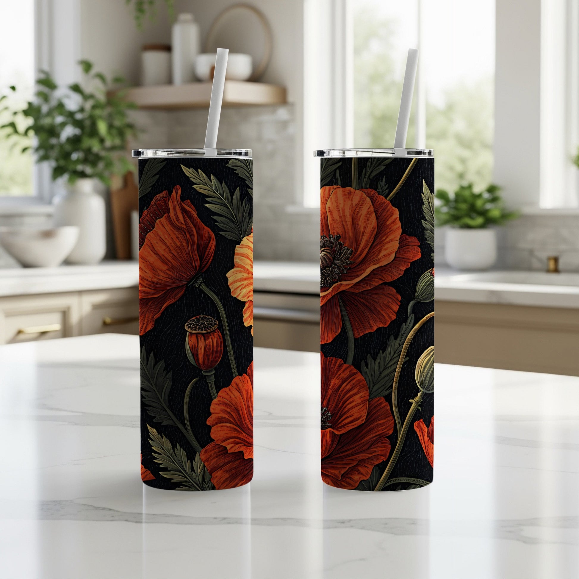 Stylish Red Floral Insulated Tumbler with Straw Cup