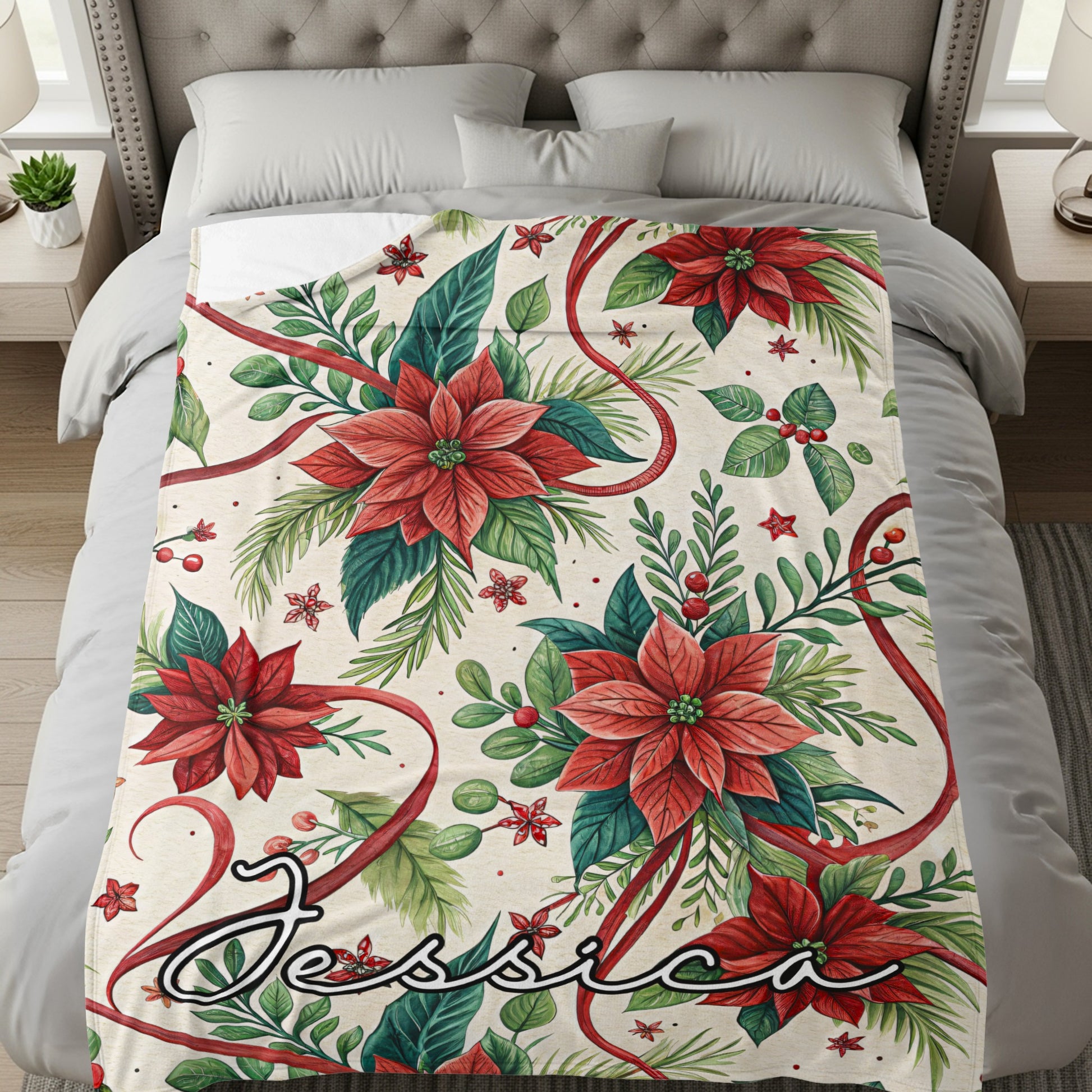 Personalized Poinsettia and Ribbon Throw Blanket