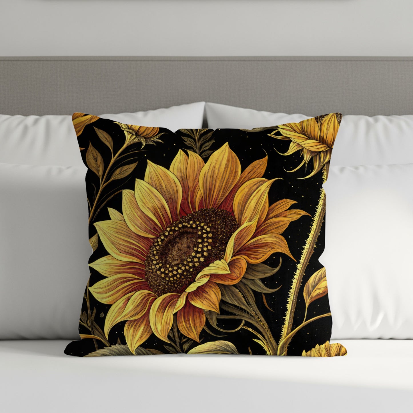 Elegant Sunflowers on Dark Background Decorative Floral Throw Pillows - Walk Greener