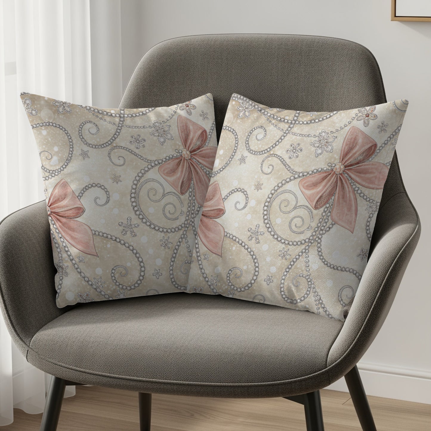 Bows and Pearls on Beige Patterned Background Pillows & Pillow Cases - Walk Greener