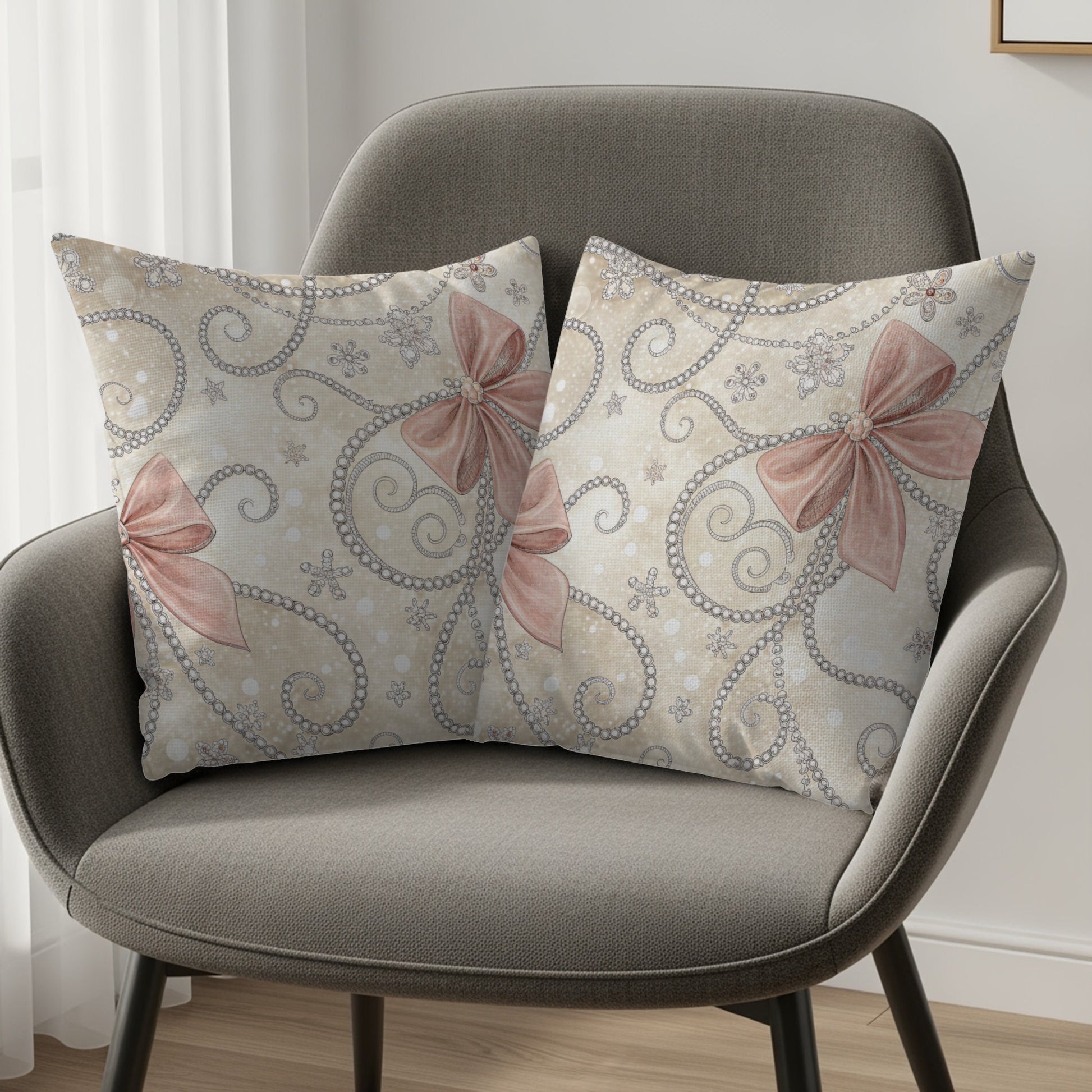 Bows and Pearls on Beige Patterned Background Pillows & Pillow Cases - Walk Greener