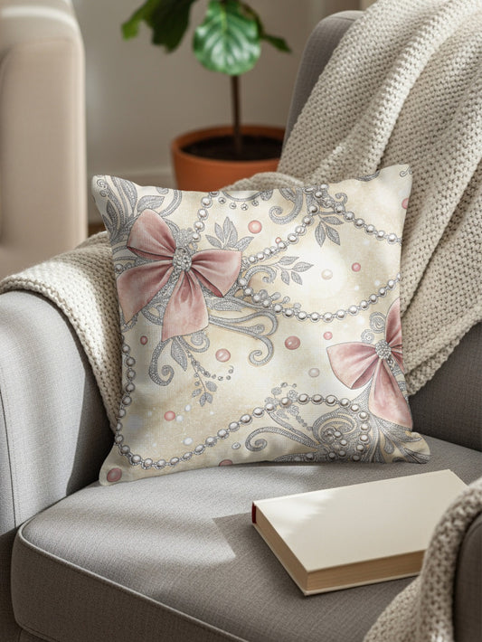 Elegant Pink and Silver Bow Decorative Pillow
