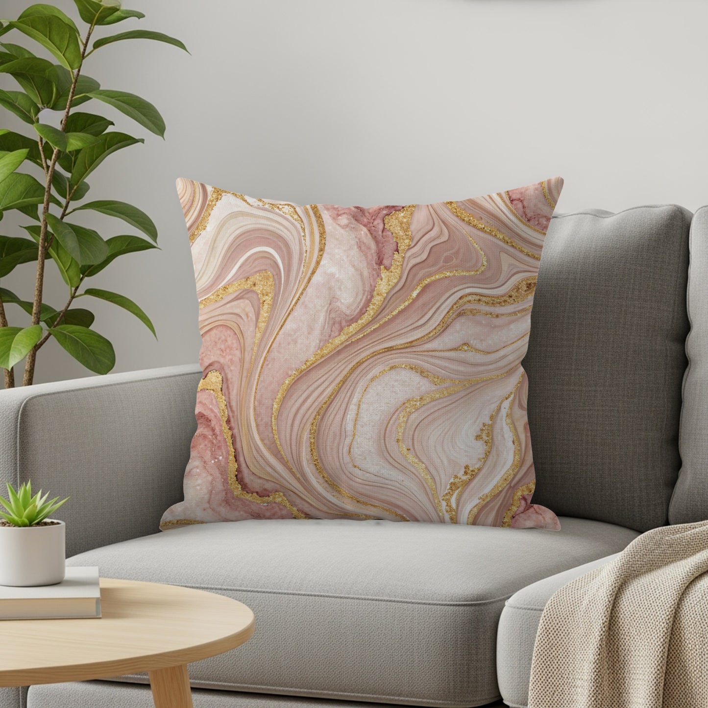 Elegant Pink and Gold Marble Design Throw Pillow