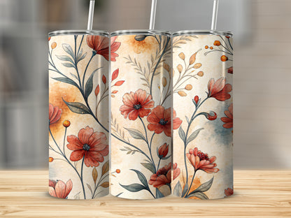 Red Floral Design on Cream 20 oz Skinny Tumbler - Walk Greener