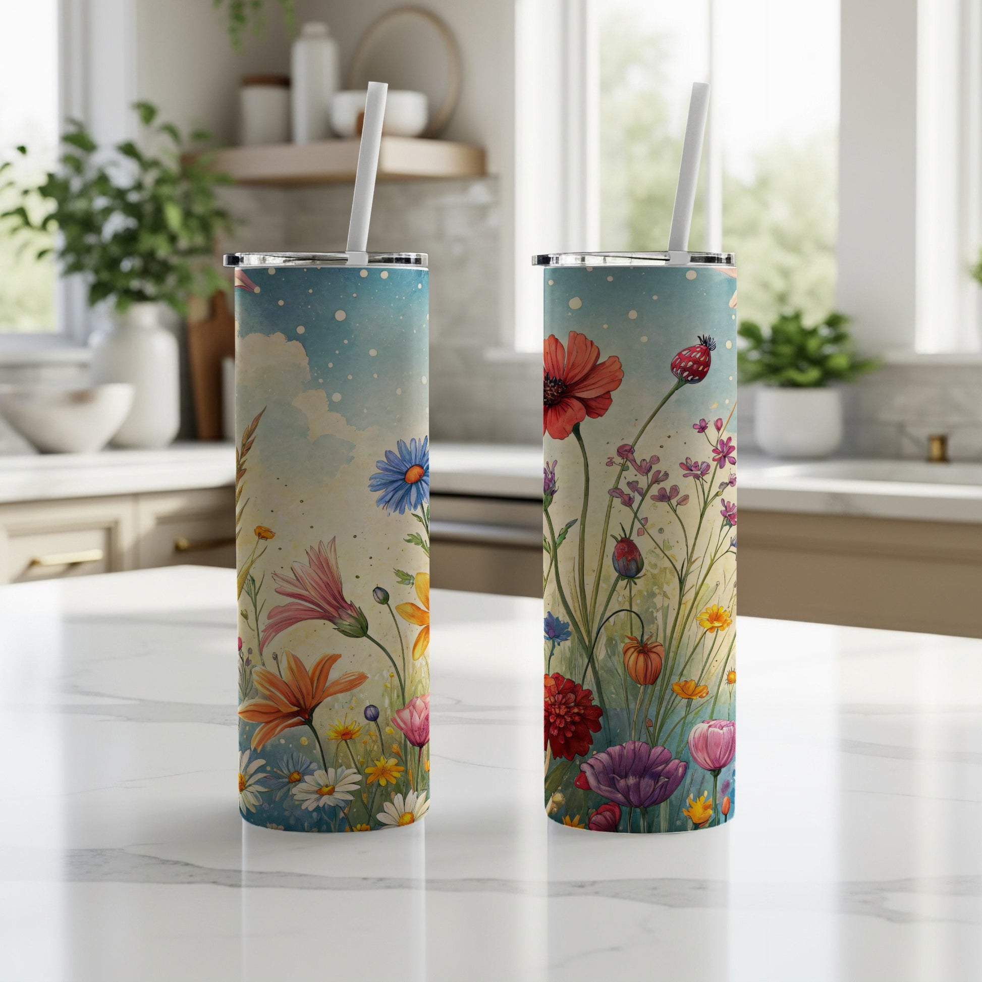 Watercolor Floral Field Design Perfect for 20 oz Skinny Tumbler - Walk Greener