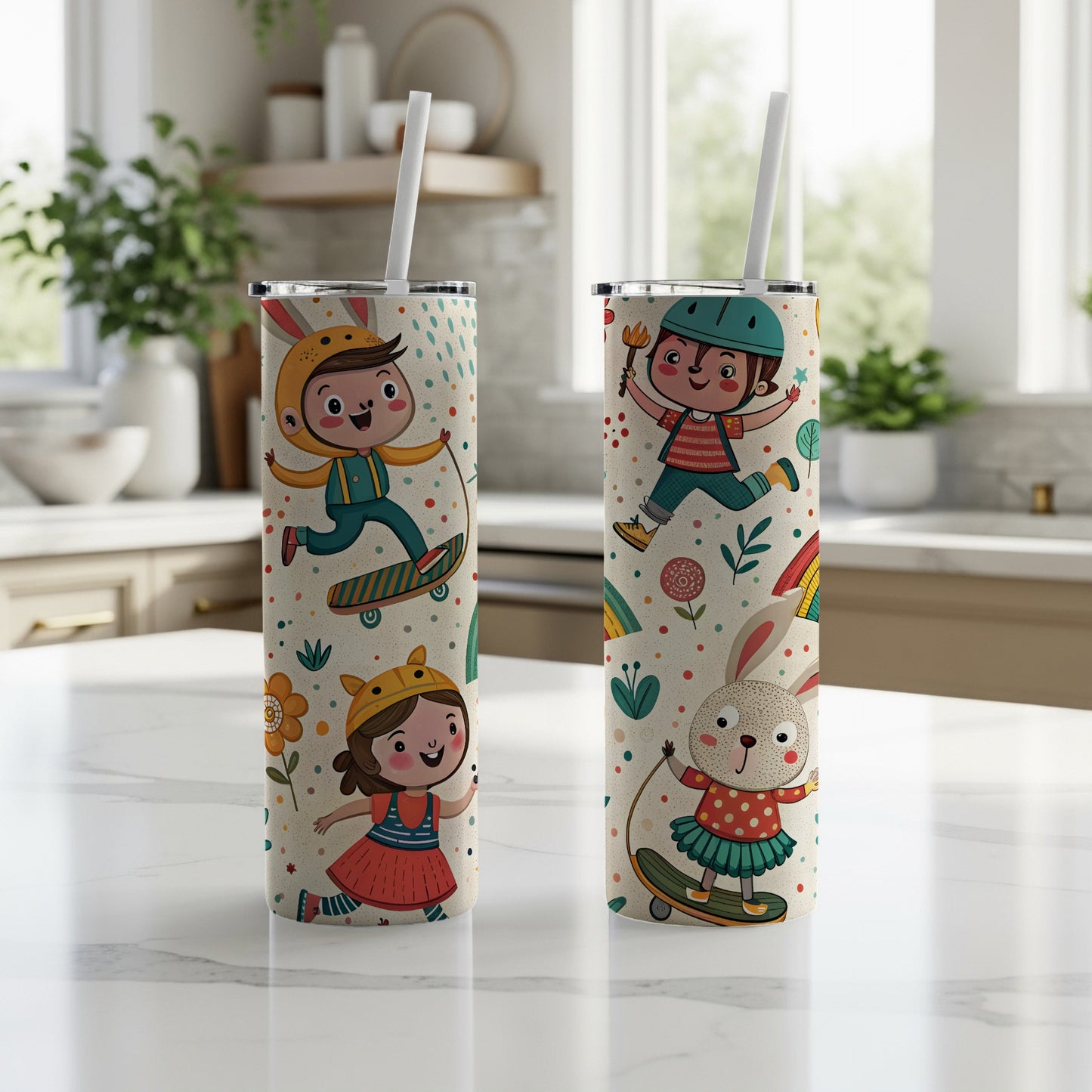Cute Kids Skateboarding and Bunny Design Tumbler