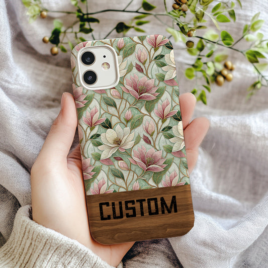 Custom Floral Pattern Phone Case with Wooden Design