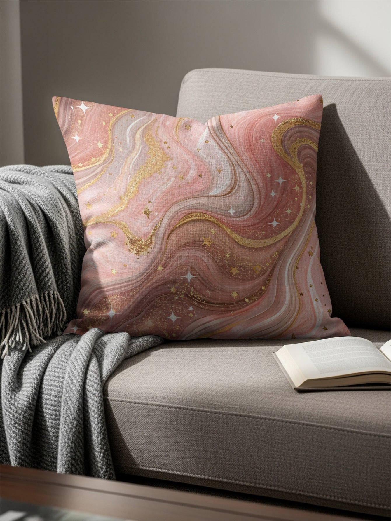 Elegant Gold and Pink Swirl Pattern Throw Pillow