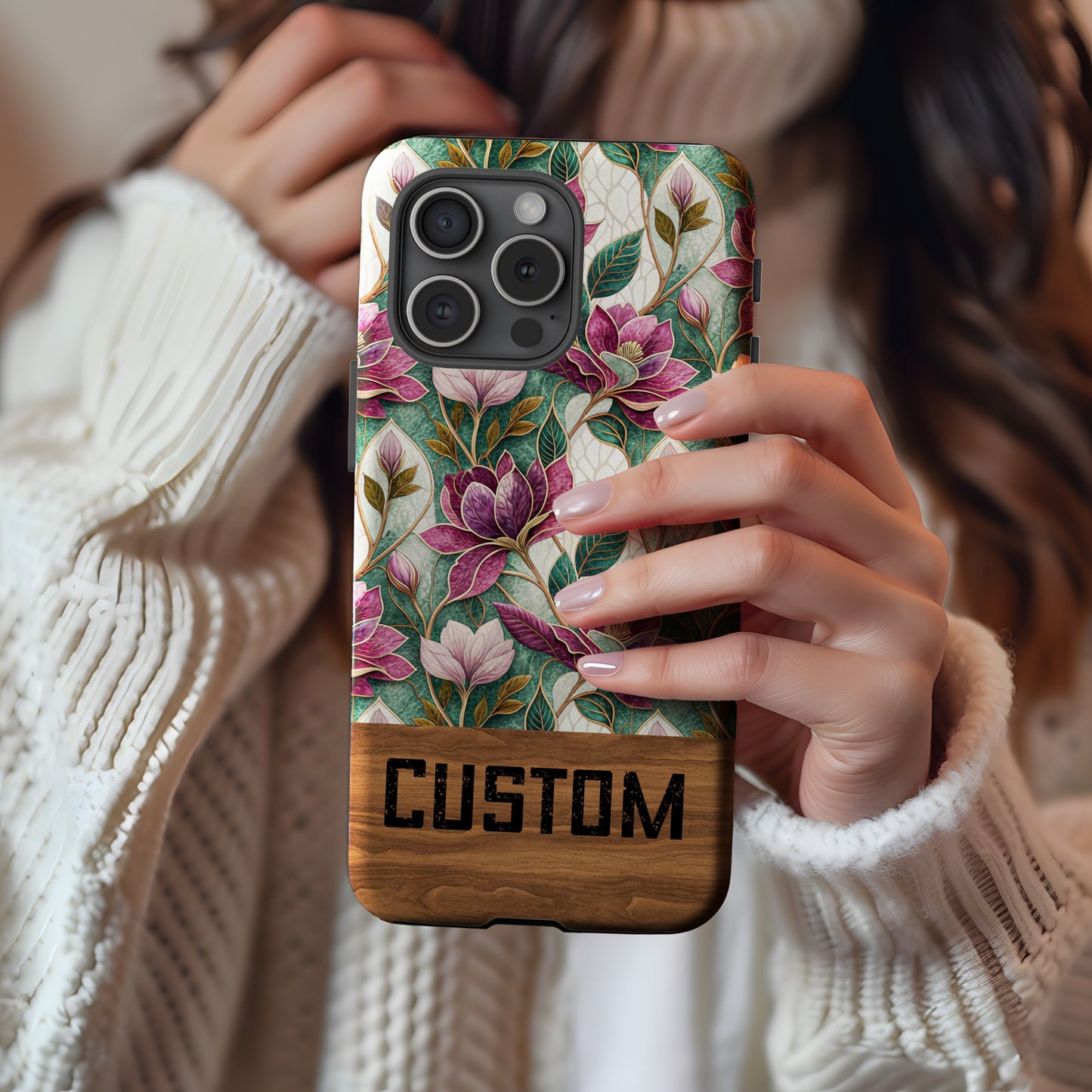 Custom Floral Design Phone Case with Wood Accent