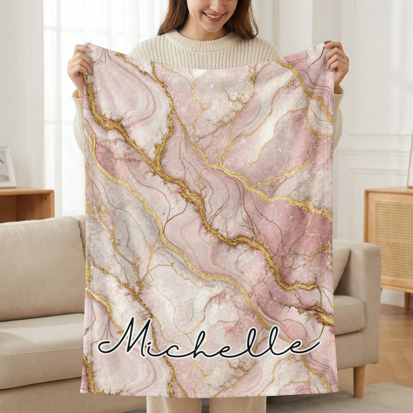 Personalized Pink Marble Design Blanket with Custom Name