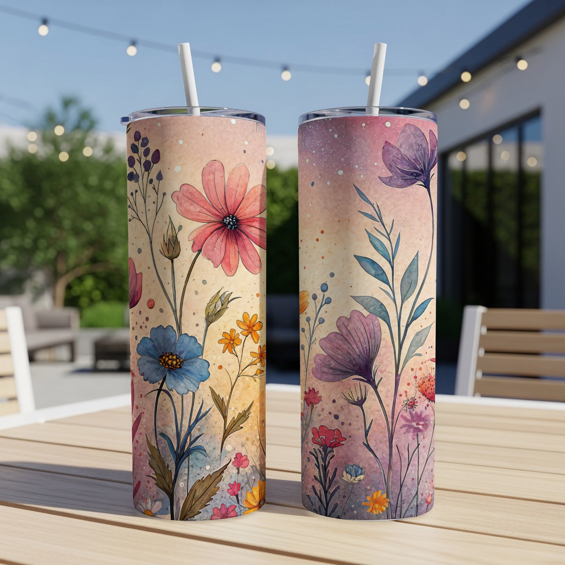 Watercolor Flowers Design Pink Orange Blue 20 oz Skinny Tumbler - Walk Greener