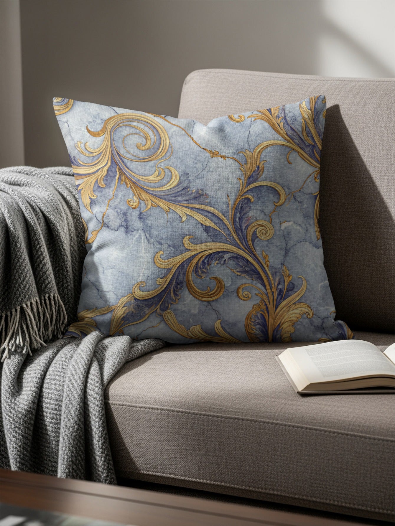 Ornate Gold Floral on Blue Marble Decorative Floral Throw Pillows - Walk Greener
