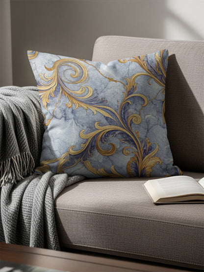 Ornate Gold Floral on Blue Marble Decorative Floral Throw Pillows - Walk Greener