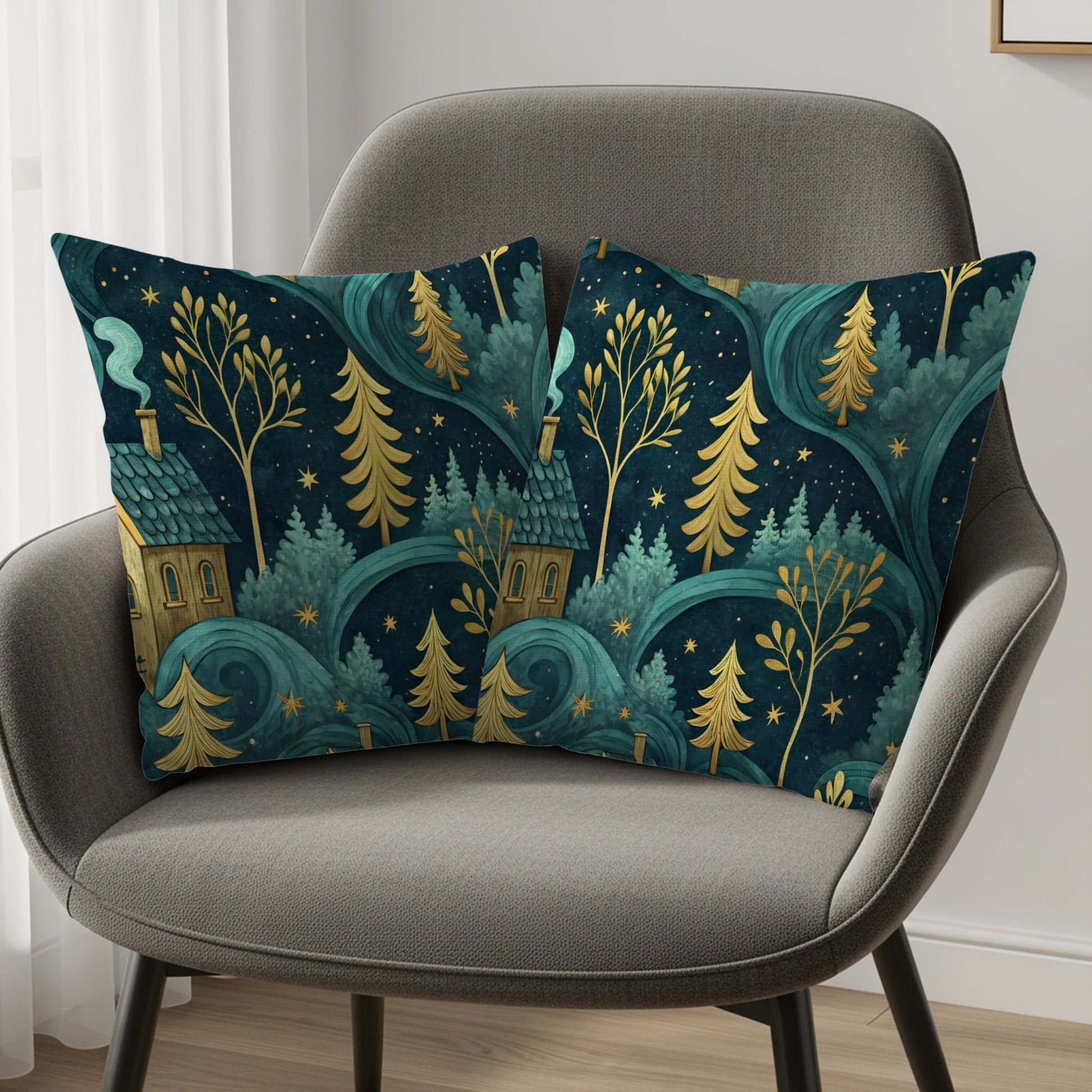 Night Sky Homes And Golden Trees Pattern Throw Pillows - Walk Greener