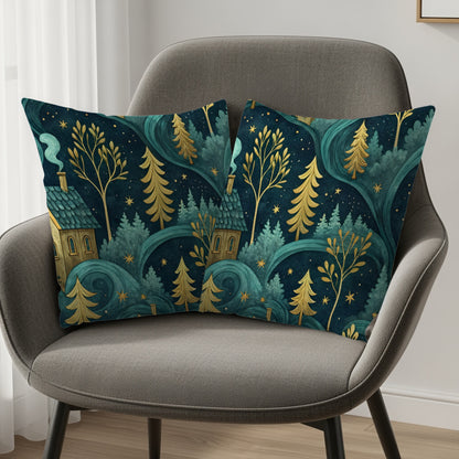 Night Sky Homes And Golden Trees Pattern Throw Pillows - Walk Greener