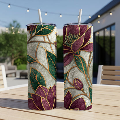 Magnolia Floral Green Leaves Burgundy Petals 20 oz Skinny Tumbler - Walk Greener
