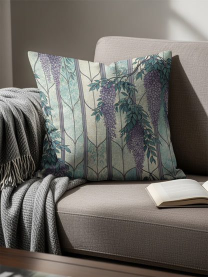 Wisteria Flowers Over Stained Glass Panels Pattern Throw Pillows - Walk Greener