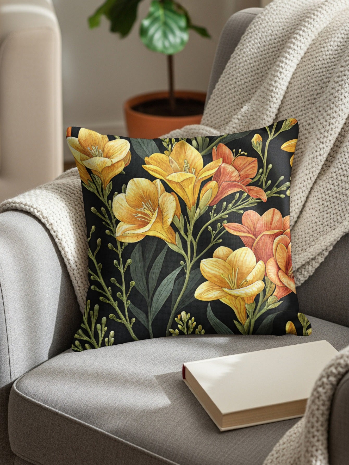 Orange Yellow Freesia Flowers Pattern Artistic Decorative Floral Throw Pillows - Walk Greener