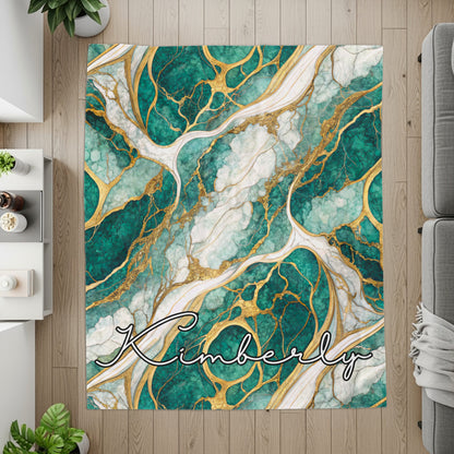 Teal Marble Design with Golden Veins Custom Name Blanket - Walk Greener