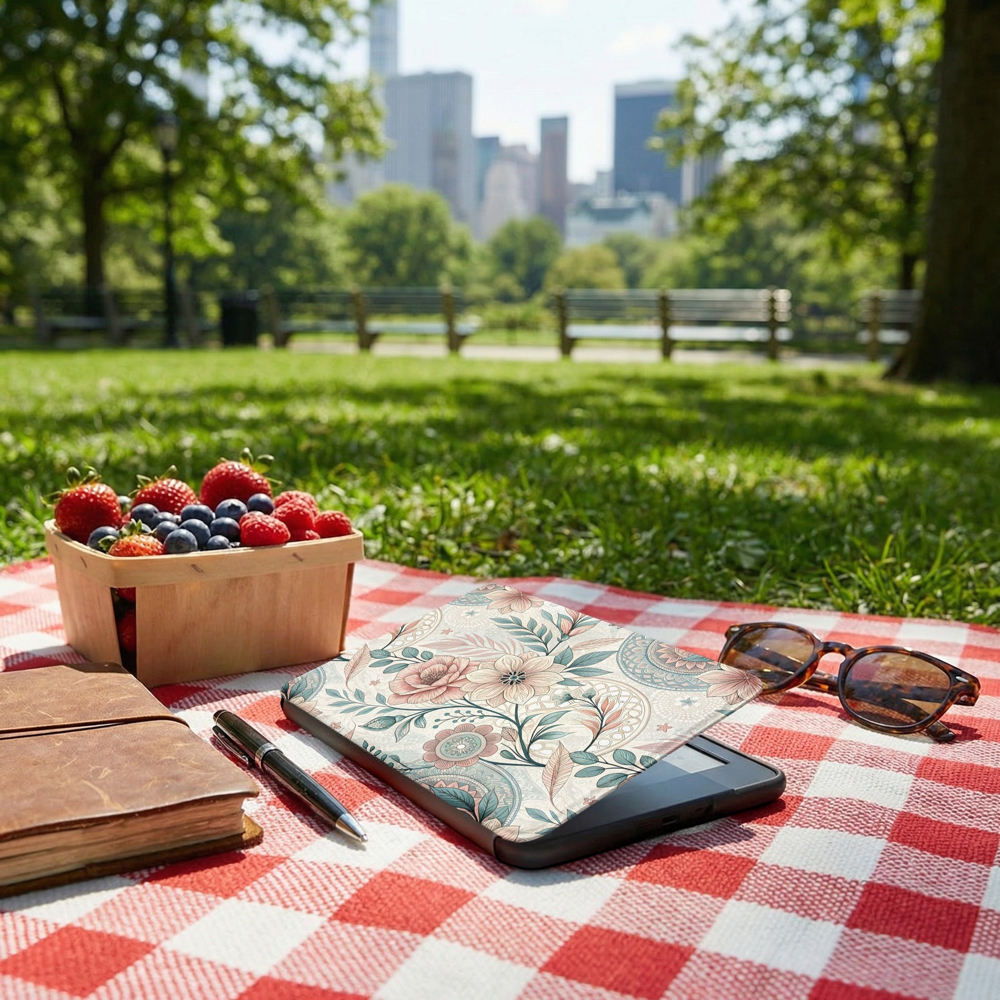 Floral Patterned Case for E-Reader on Picnic Blanket
