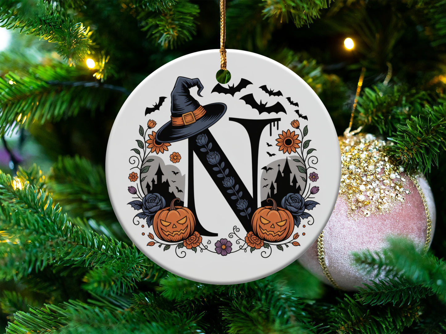 Halloween Witch Hat Pumpkins Initial Ornament product type