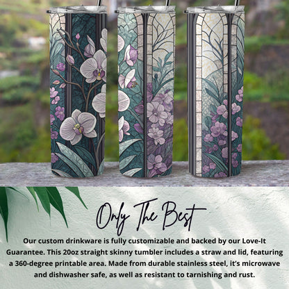 Stained Glass with Orchids and Blooms Pattern Art 20 oz Skinny Tumbler - Walk Greener