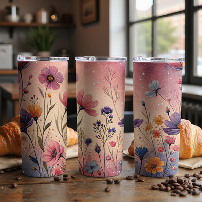 Floral Watercolor on Pink and Beige Background 20 oz Skinny Tumbler - Walk Greener