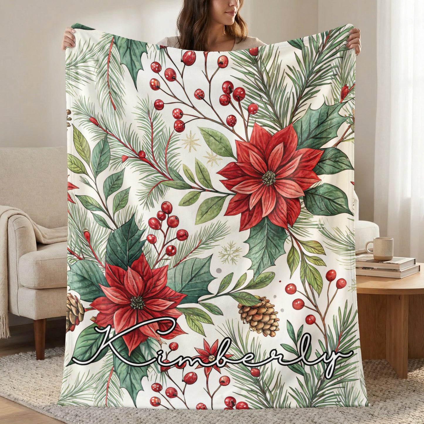 Personalized Festive Floral Blanket with Red Poinsettias