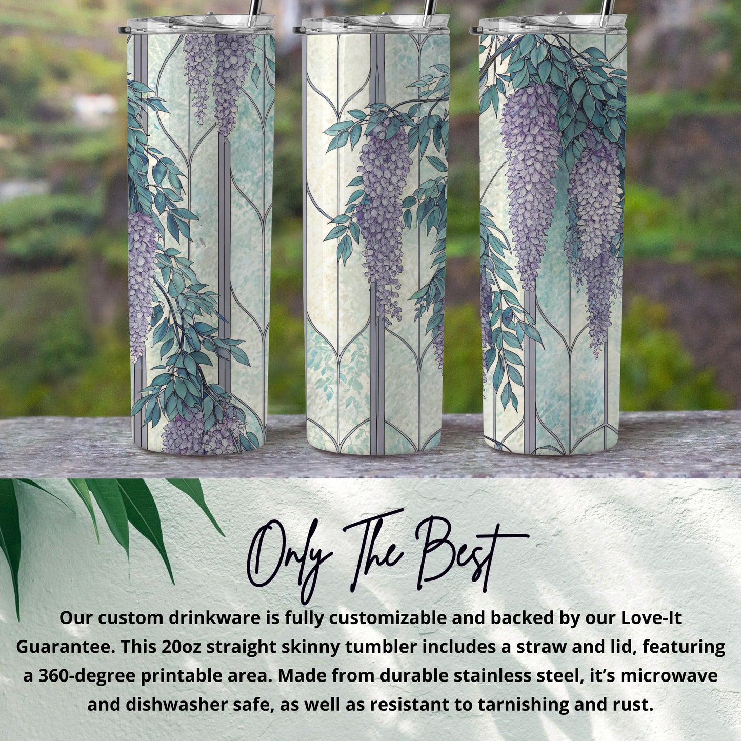 Wisteria Flowers At Faux Stained Glass Window 20 oz Skinny Tumbler - Walk Greener