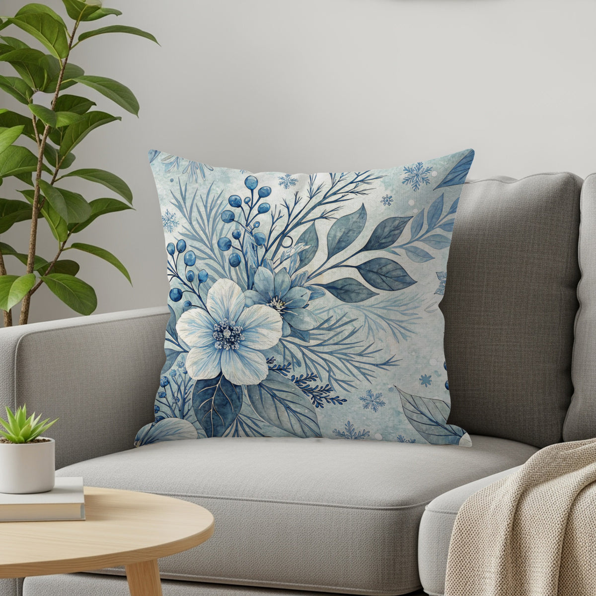 Blue Floral and Leaf Design Decorative Pillow for Sofa