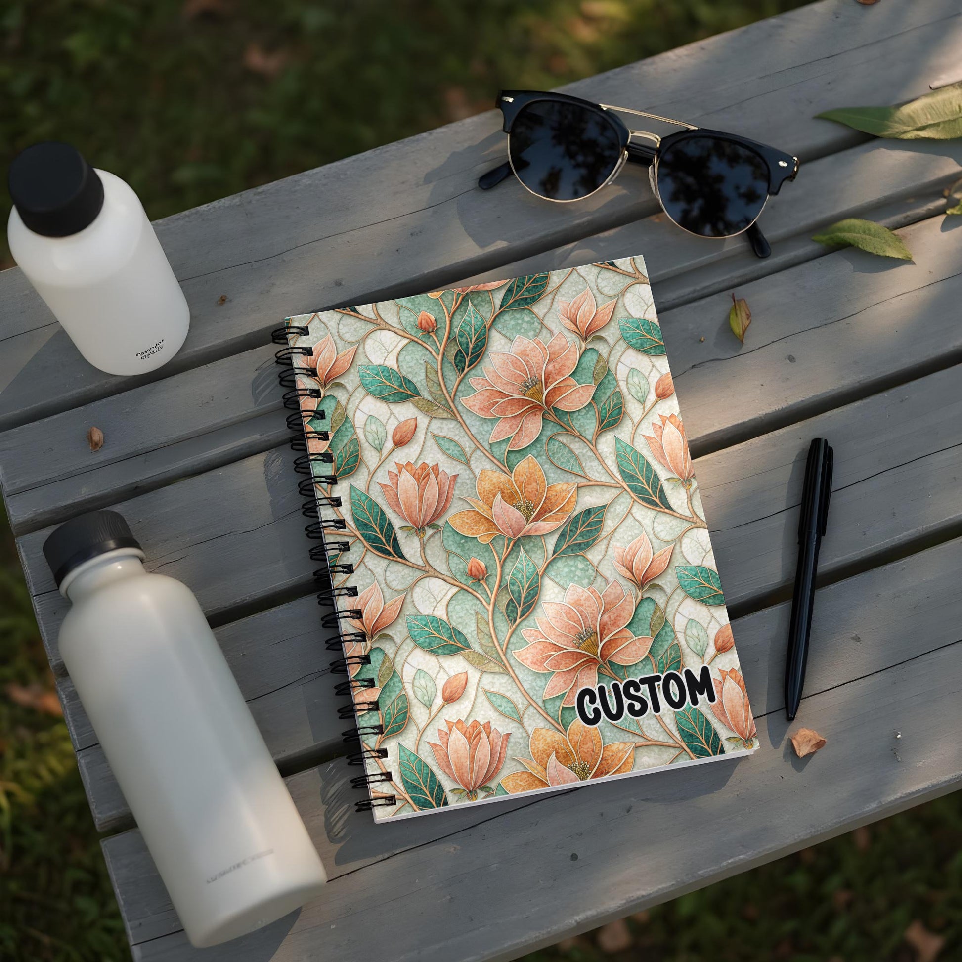 Custom Flower Pattern Spiral Notebook with Leaves Design