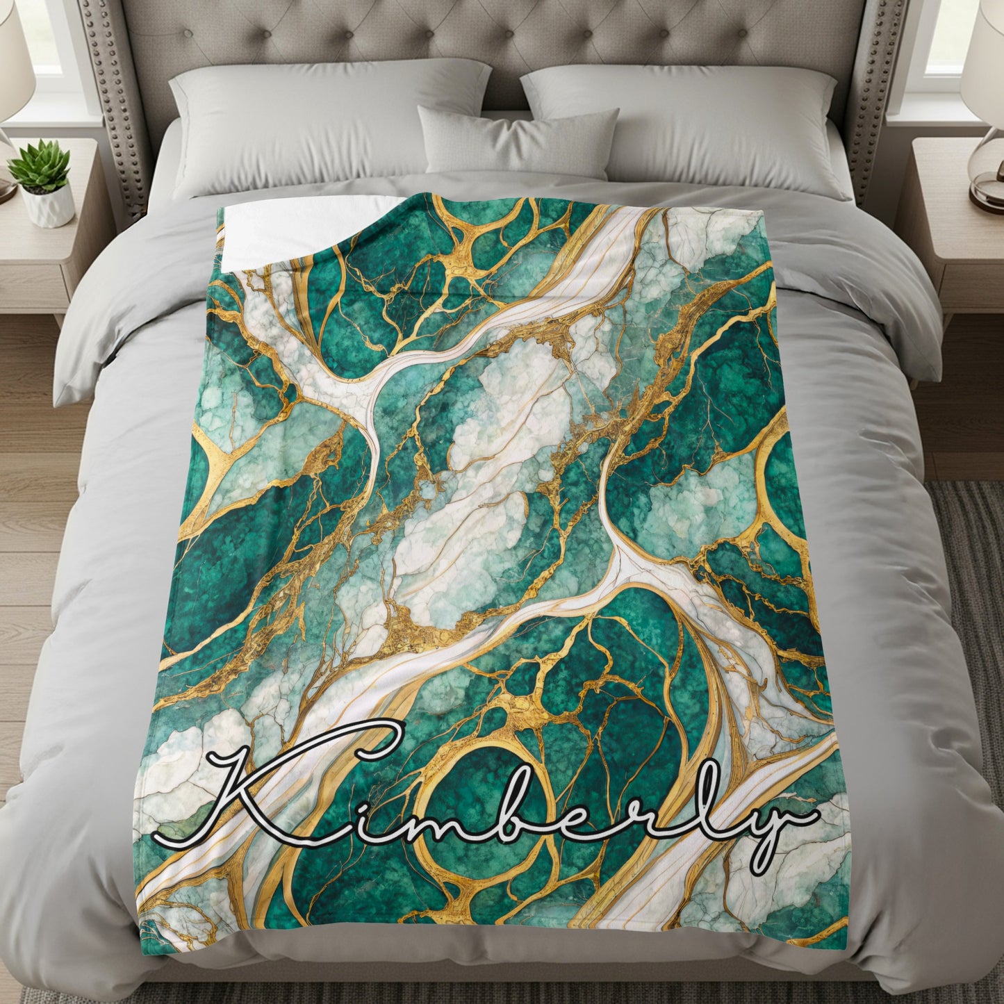 Teal Marble Design with Golden Veins Custom Name Blanket - Walk Greener