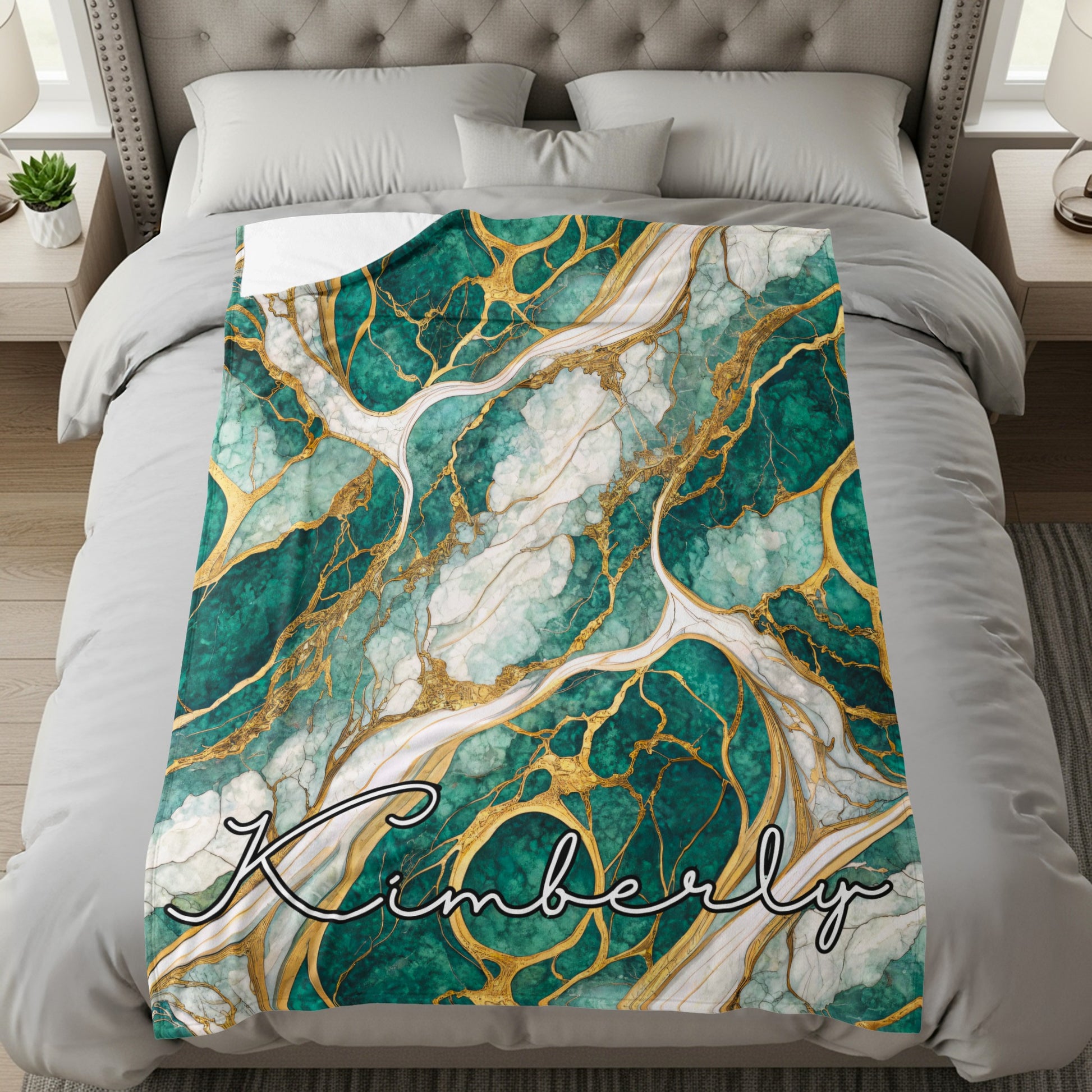 Teal Marble Design with Golden Veins Custom Name Blanket - Walk Greener