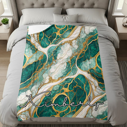 Teal Marble Design with Golden Veins Custom Name Blanket - Walk Greener