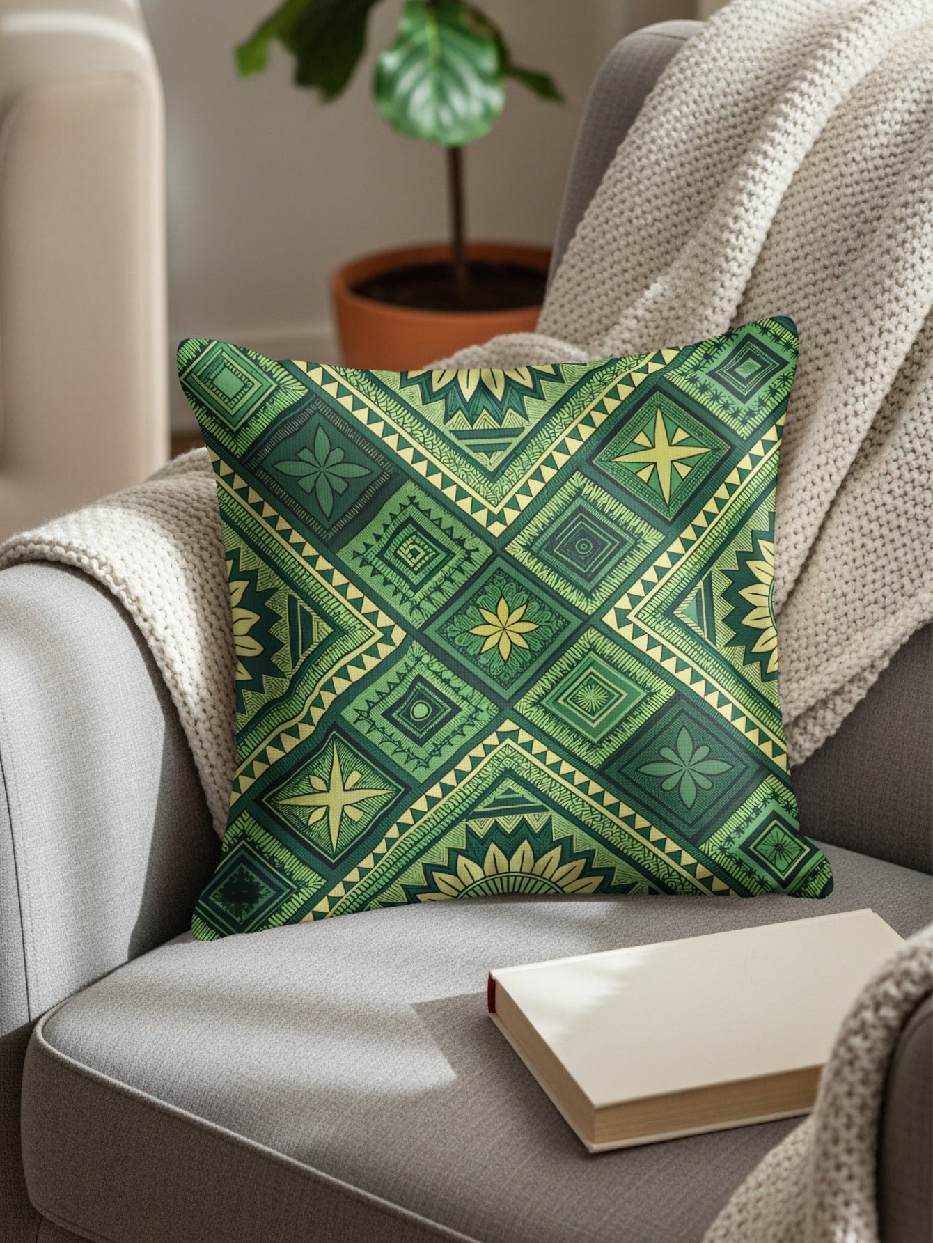 Emerald Green Bohemian Pattern with Floral Diamonds Pillows & Pillow Cases - Walk Greener