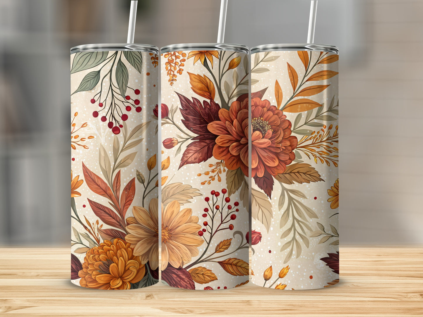 Elegant Floral Pattern Tall Slim Tumbler with Straw