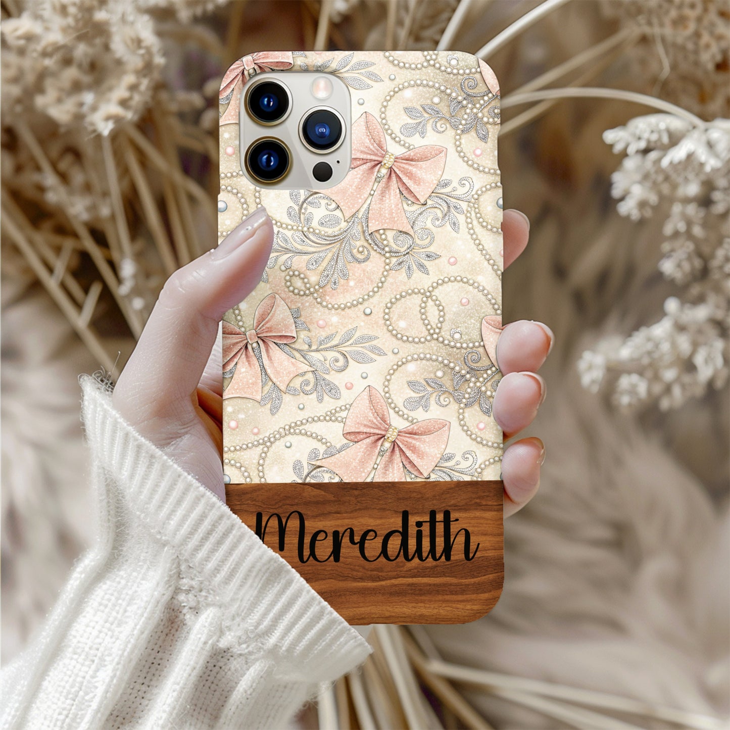 Personalized Floral Bow Design Phone Case with Meredith Name