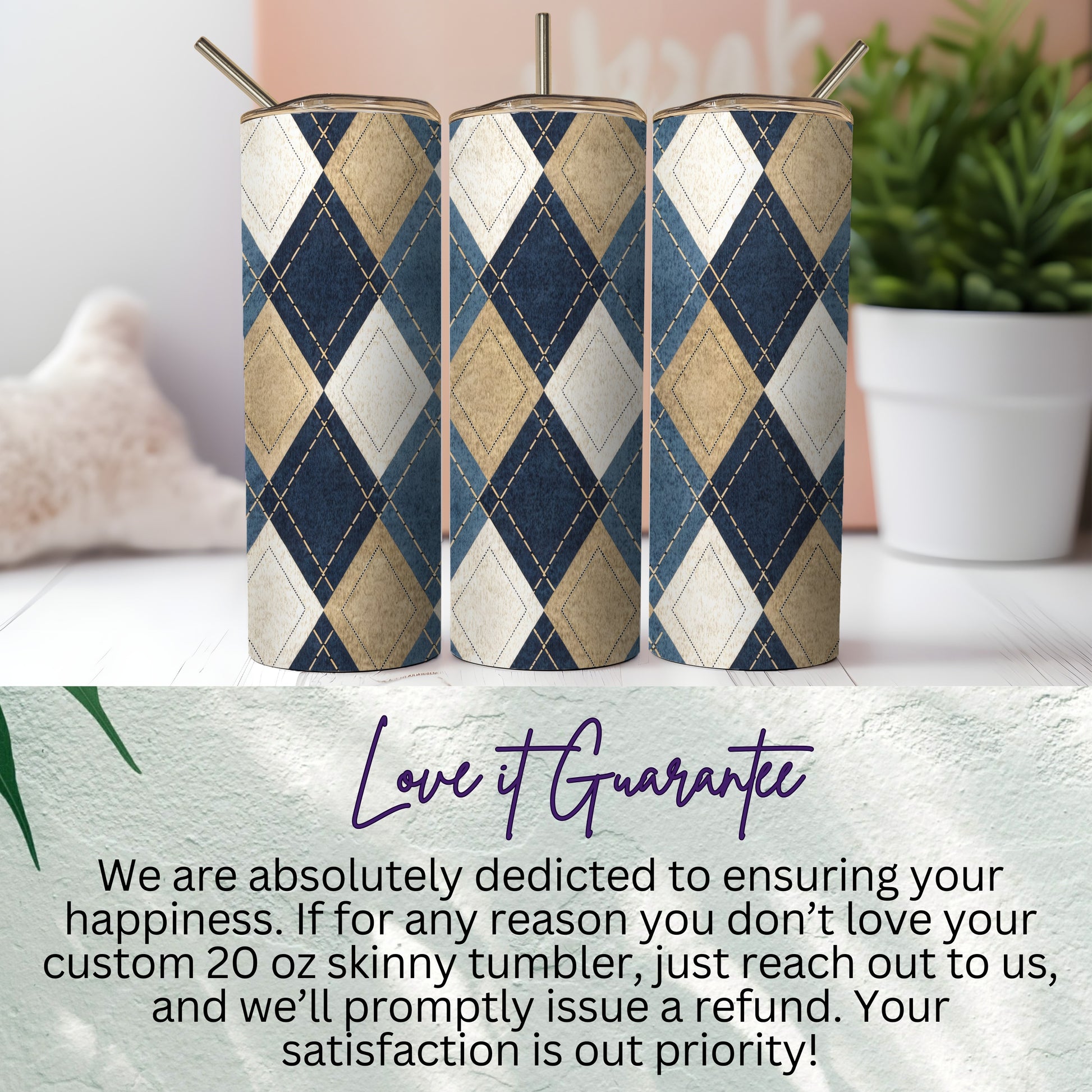 Custom 20 oz Skinny Tumbler with Argyle Pattern Design