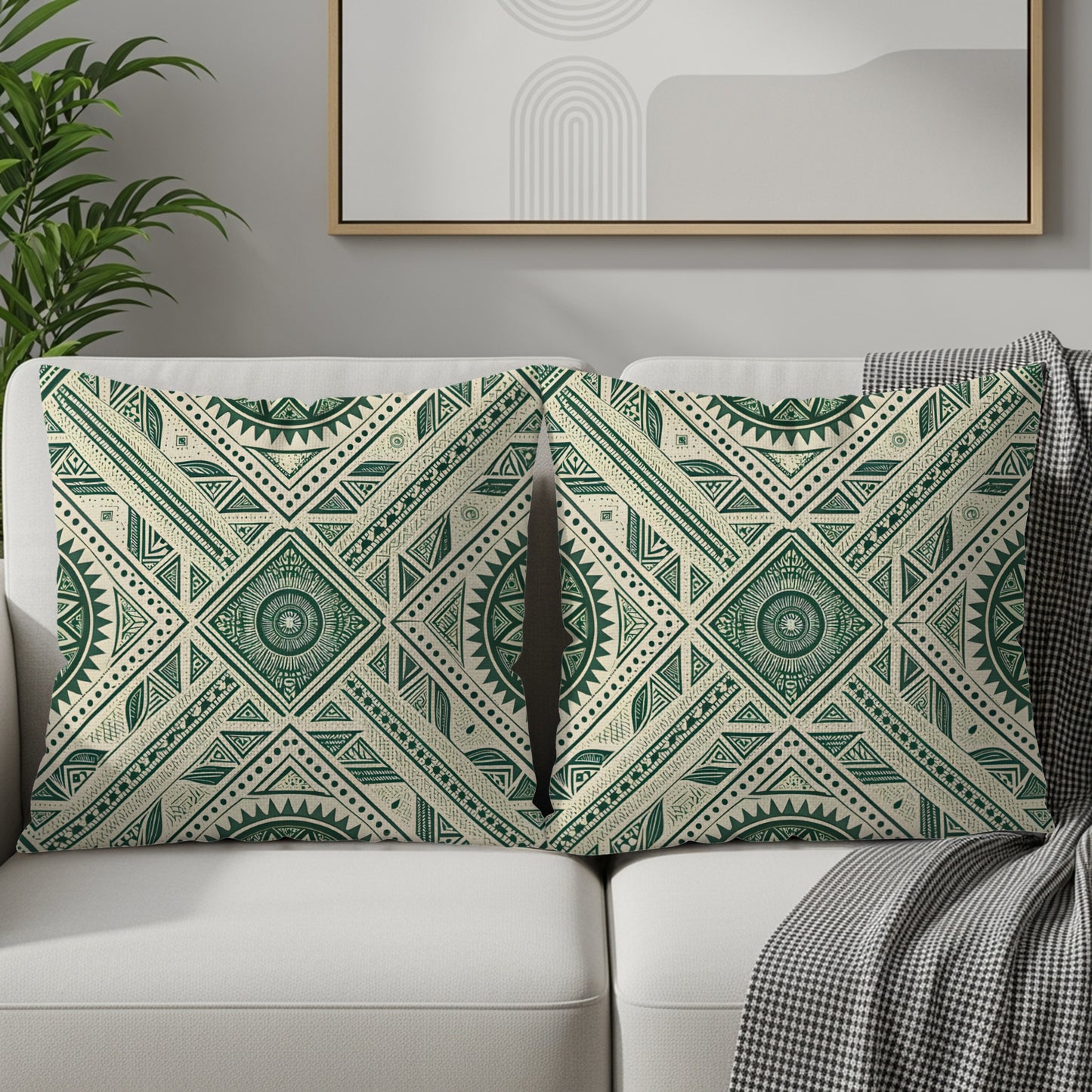 Intricate Geometric Pattern Green and Cream Pillow Cover