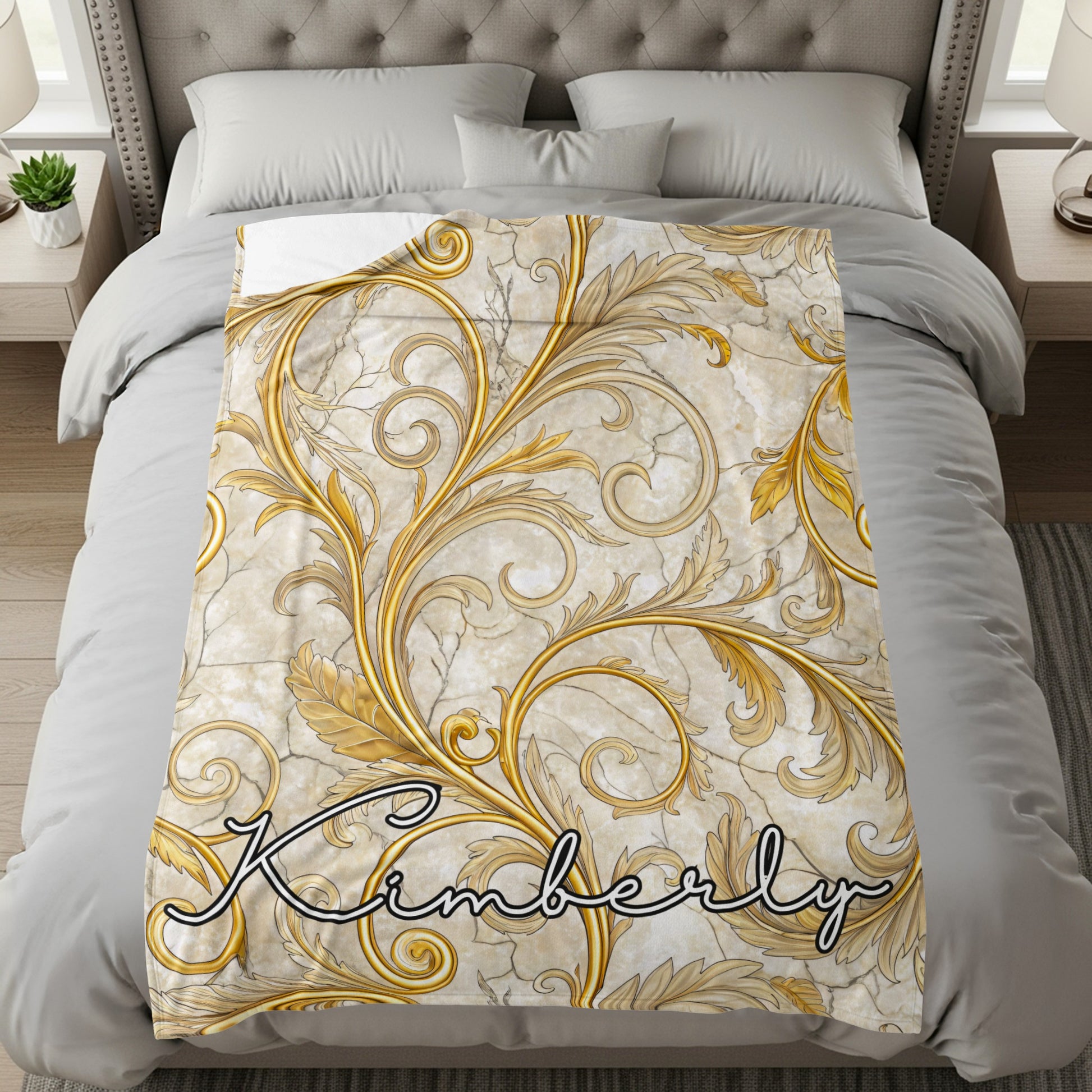 Golden Floral Design With A Custom Name Blankets - Walk Greener