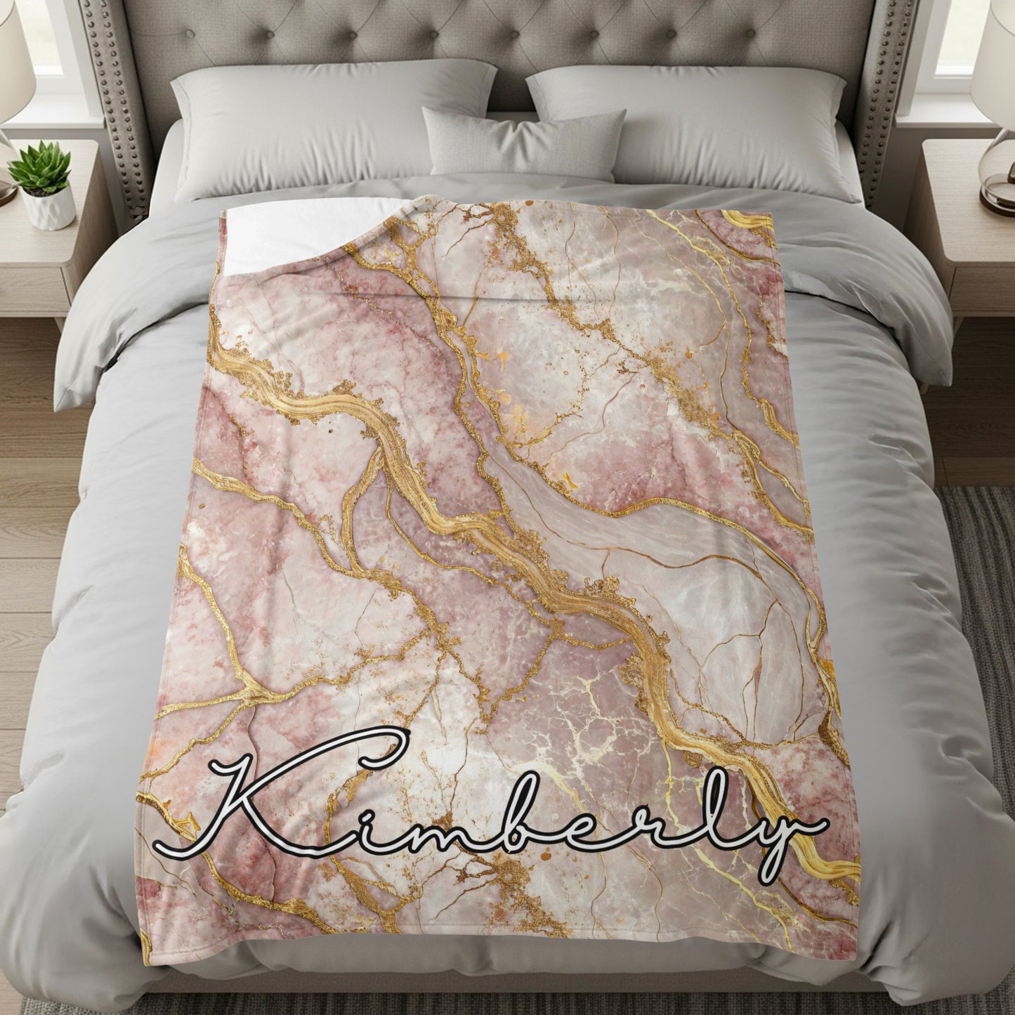 Custom Marble Pink Gold Design with Name Kimberly Blanket