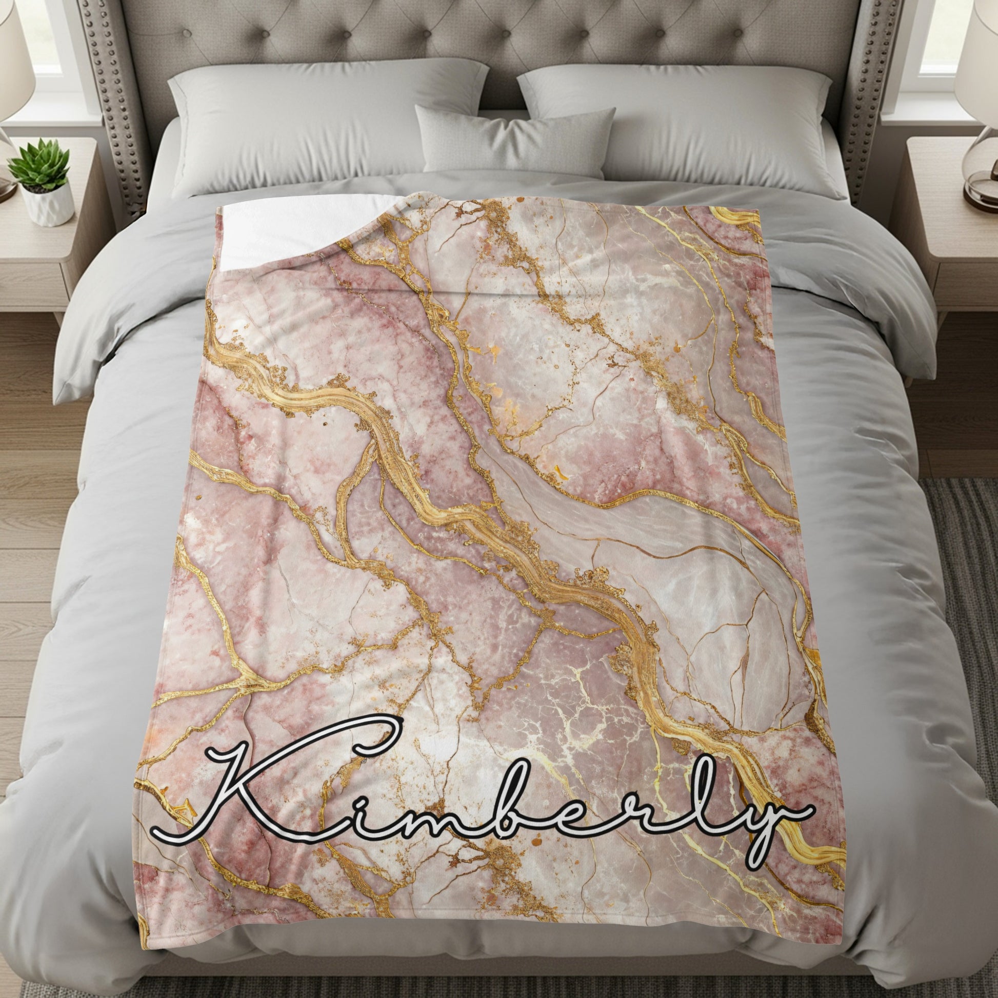 Custom Marble Pink Gold Design with Name Kimberly Blanket