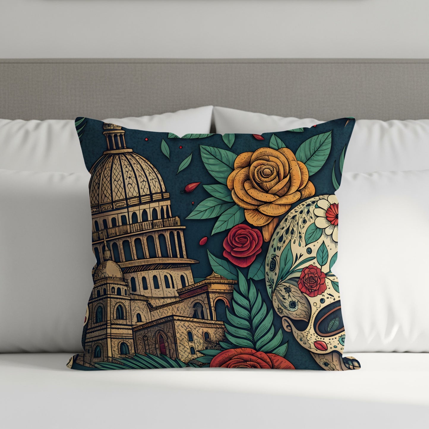 Vibrant Mexican Architecture and Floral Print Pillow