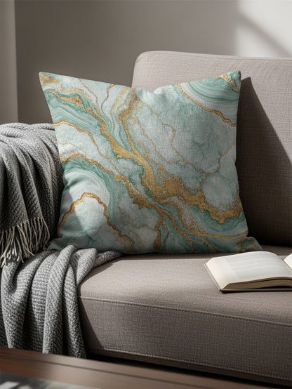 Abstract Mint Green Marble Pillow with Gold Veins