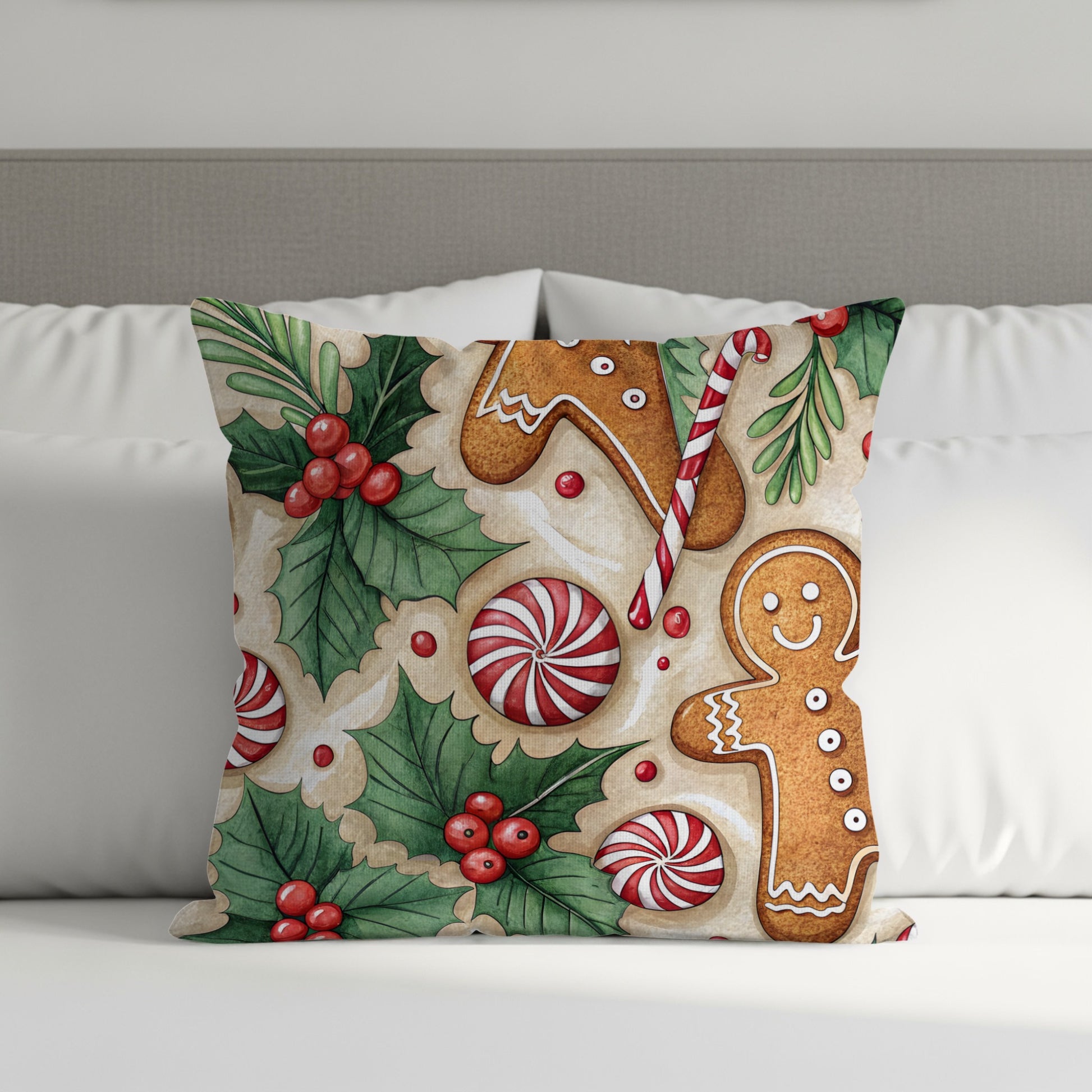 Gingerbread Man and Candy Holiday Themed Pattern Throw Pillows - Walk Greener