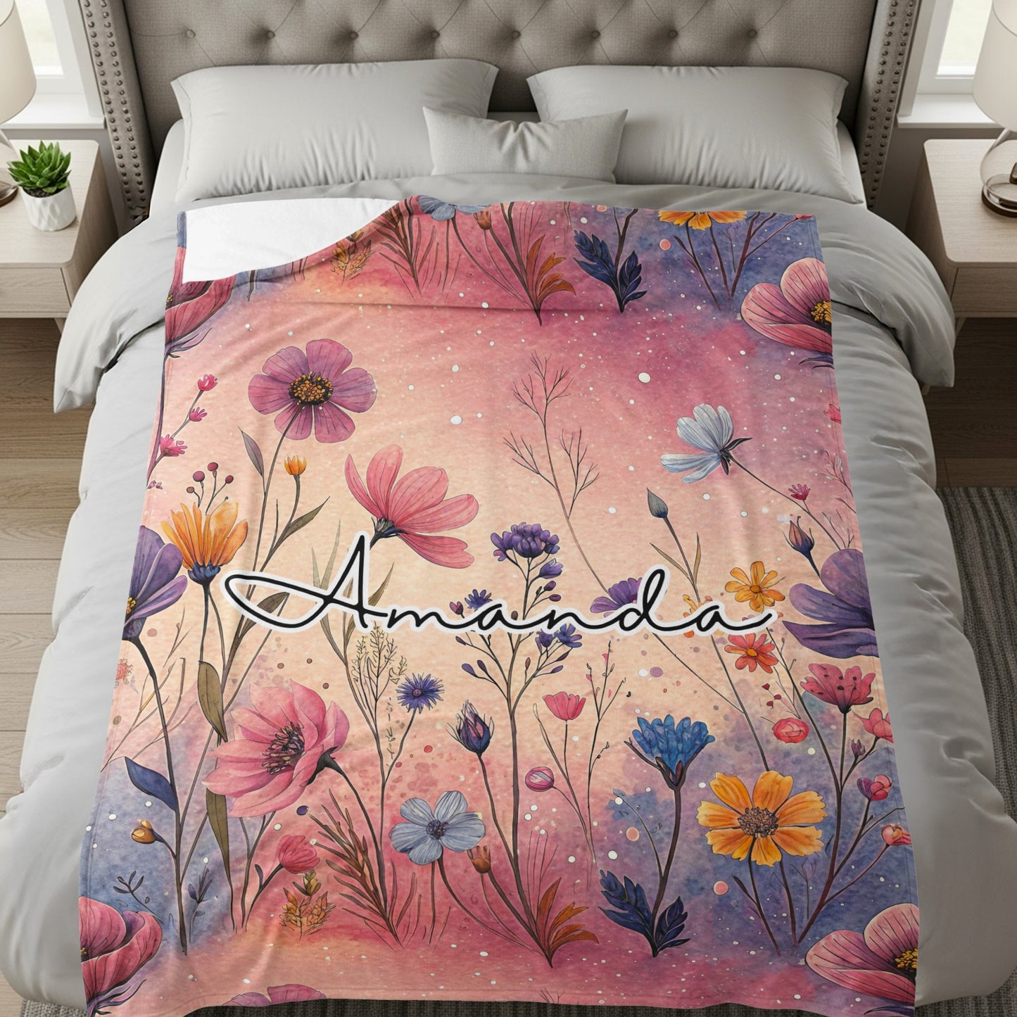Personalized Floral Art Name Blanket for Bedroom Decor