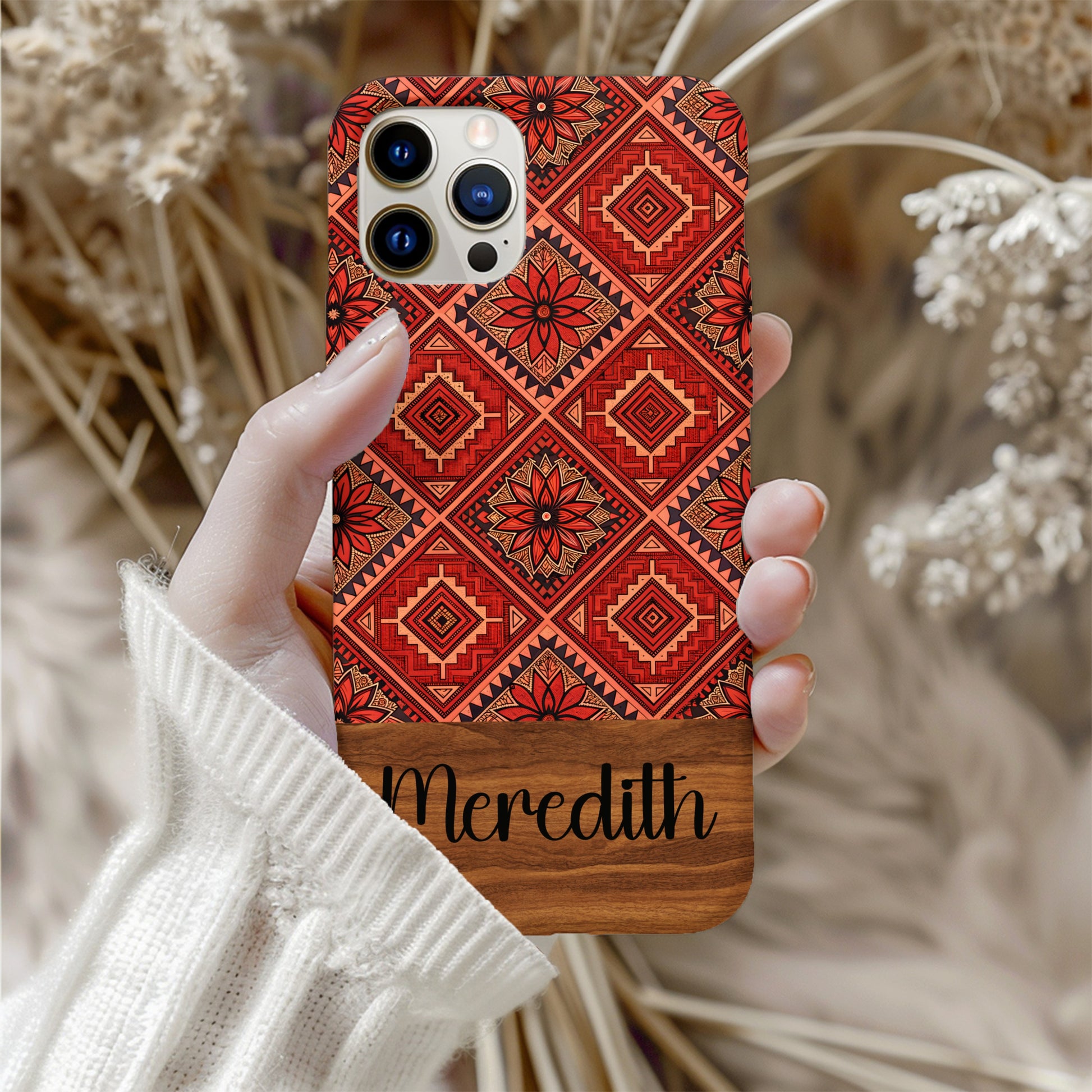 Floral Tiles in Orange Aztec Patterns With Custom Name Custom Phone Case - Walk Greener