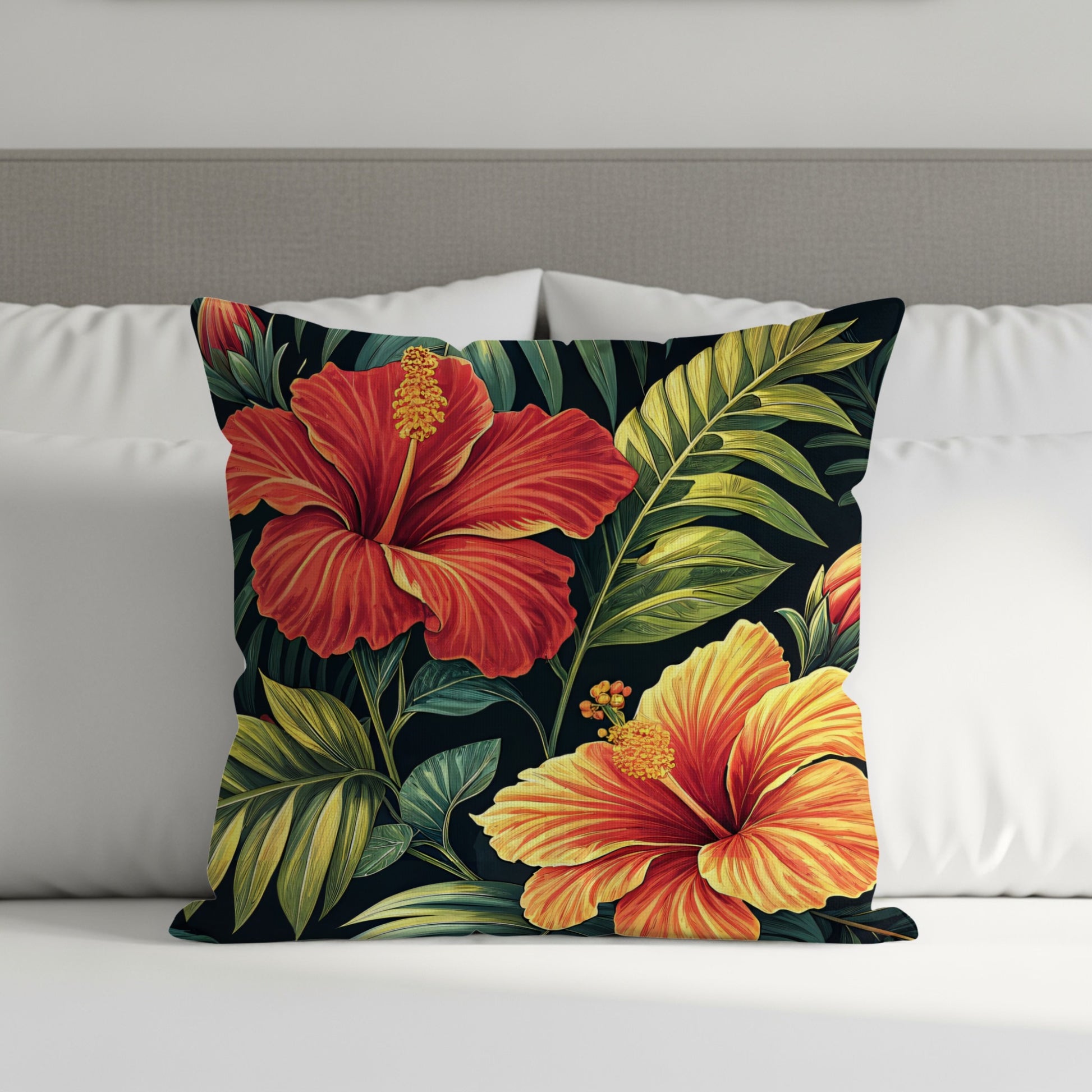 Tropical Hibiscus Flower and Palm Leaves Design Decorative Floral Throw Pillows - Walk Greener